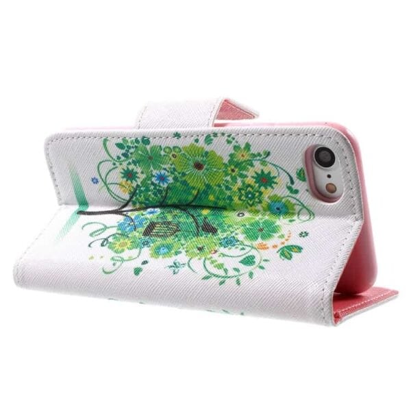iphone 7 – mønstret printet pu læder pung etui – grønt blomstertræ og fugle