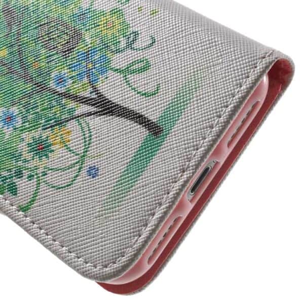 iphone 7 – mønstret printet pu læder pung etui – grønt blomstertræ og fugle