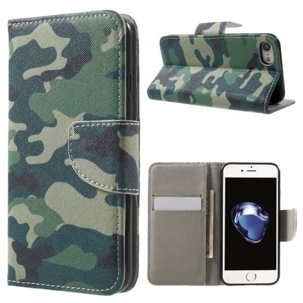 Iphone 7 - Mønstret Printet Pu Læder Pung Etui - Camouflage Mønster