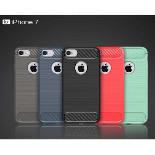 Iphone 7 - Robust Børstet Tpu Back Cover Med Carbon Fiber - Cyan