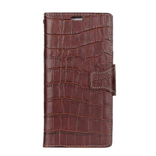 Iphone X - Ægte Læder Cover Pung Med Krokodille Textil - Mørkebrun