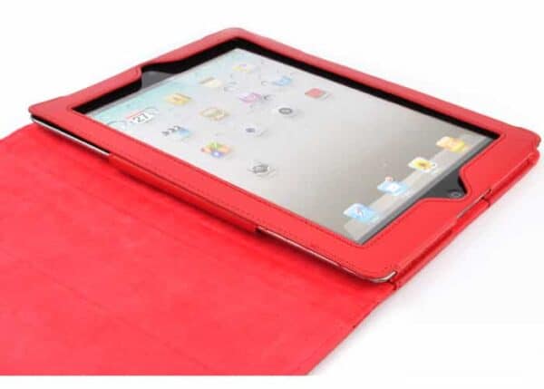 a red tablet case with a red strap