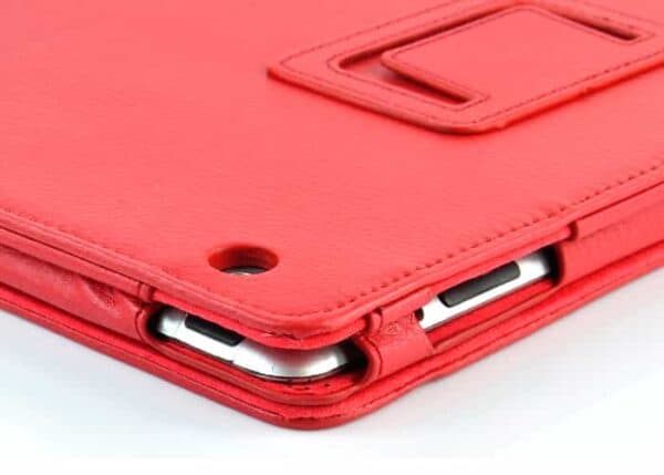 a red leather case with a phone in it