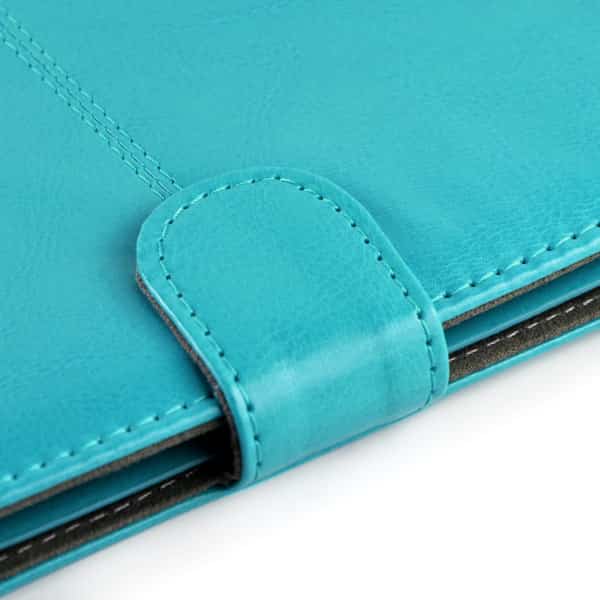 a close up of a blue leather case