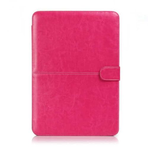 a pink leather case with a strap