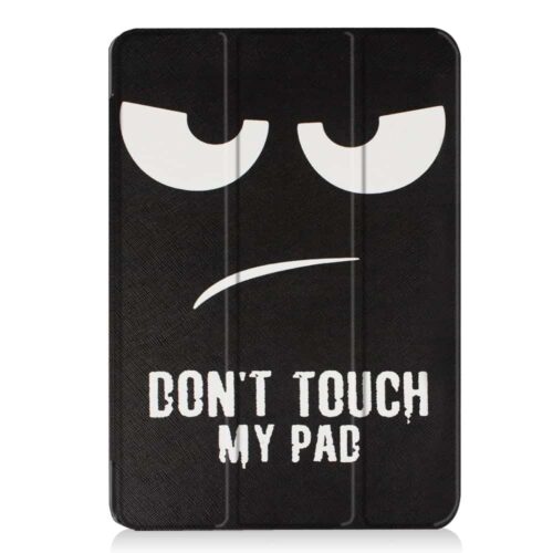 a black tablet case with white text and a sad face