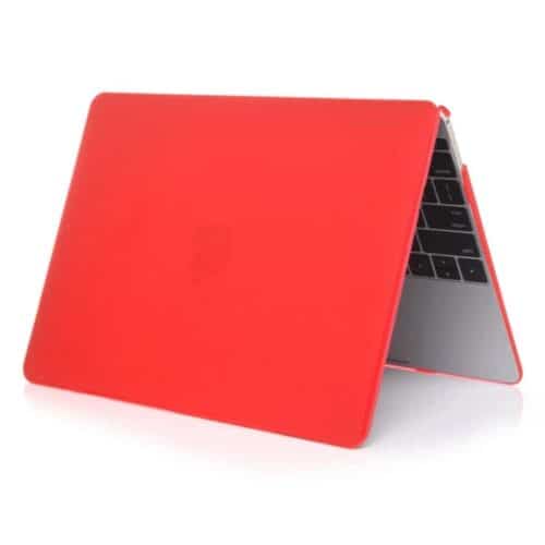 a red laptop with a keyboard