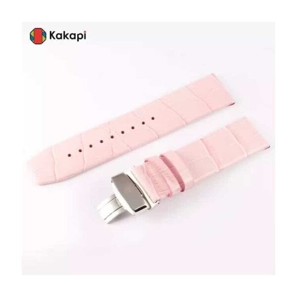 a pink watch strap with a silver buckle