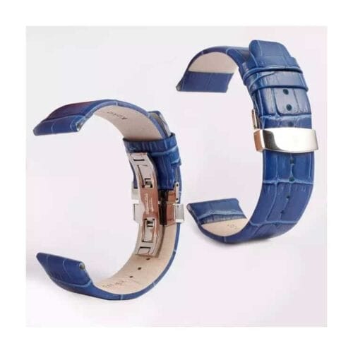 a blue watch bands with silver clasps
