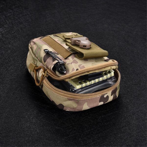 a camouflage bag with a pen and notebook