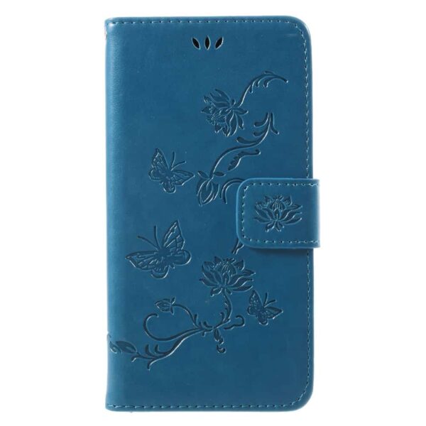 iphone x – kunstlæder pung etui med prægede sommerfugle og blomster – blå