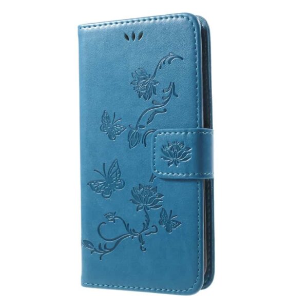 iphone x – kunstlæder pung etui med prægede sommerfugle og blomster – blå