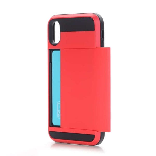 Iphone X - Plastik Og Gummi Hybrid Cover Med Kreditkort Holdere - Rød