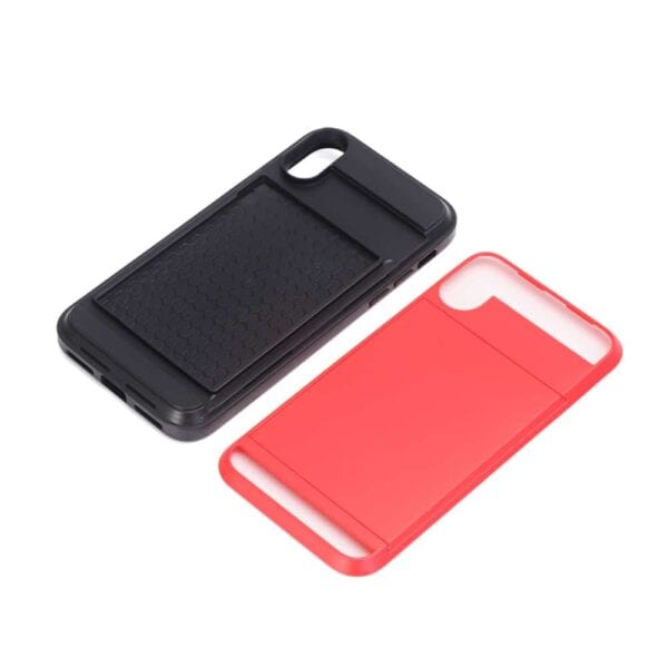 Iphone X - Plastik Og Gummi Hybrid Cover Med Kreditkort Holdere - Rød