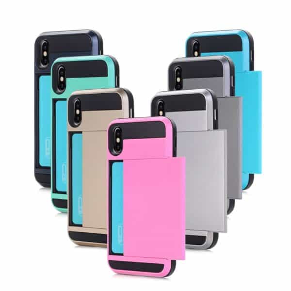 Iphone X - Plastik Og Gummi Hybrid Cover Med Kreditkort Holdere - Lyserød