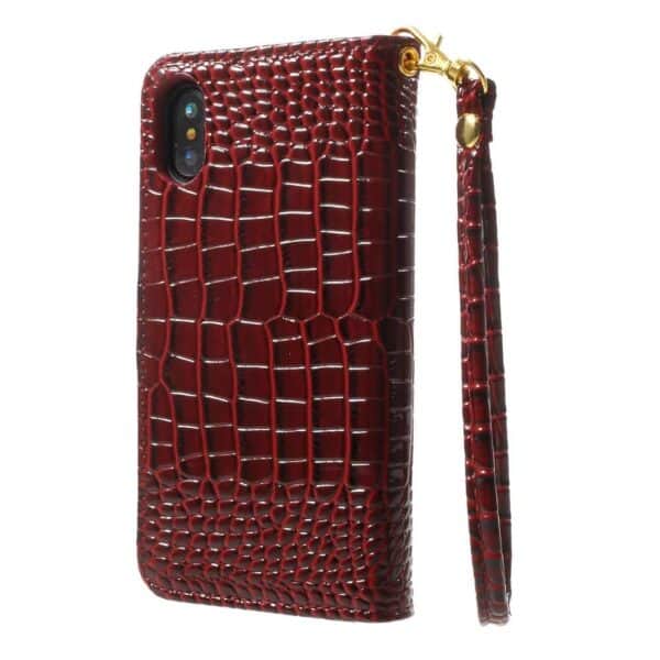 Iphone X - Kunstlæder Pung Etui Med Krokodille Textil Og Håndrem - Rød