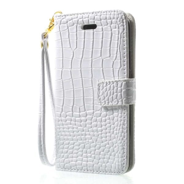 Iphone X - Kunstlæder Pung Etui Med Krokodille Textil Og Håndrem - Hvid