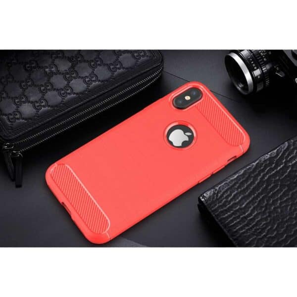 Iphone X - Blødt Gummi Cover Med Børstet Kulfiber Textil Look - Rød