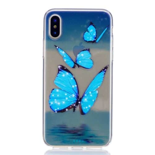 Iphone X – Blødt Gummi Cover Transparent Med Præget Mønster – Blå Sommerfugle