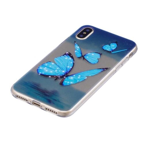 Iphone X – Blødt Gummi Cover Transparent Med Præget Mønster – Blå Sommerfugle