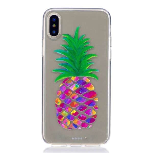 Iphone X - Blødt Gummi Cover Transparent Med Præget Mønster - Farverig Ananas