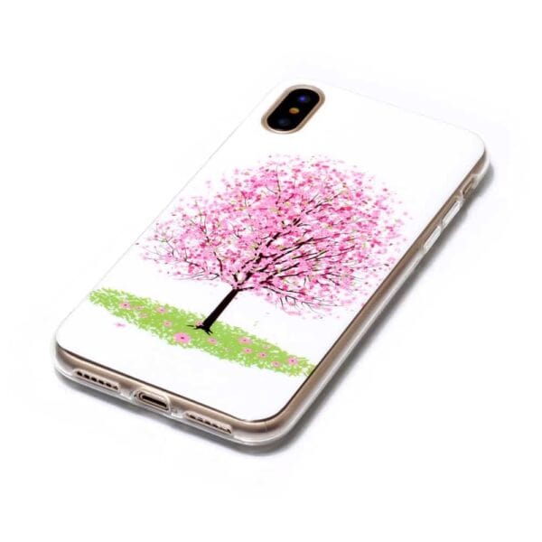 Iphone X - Gummi Cover Med Klart Støbt Mønster - Lyserødt Blomstertræ