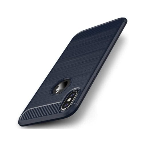 Iphone X - Gummi Cover Med Børstet Kulfiber Textil Look - Mørkeblå