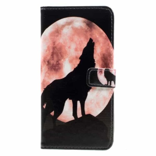 iphone 7 – mønstret pung pu læder stand etui – ulv og måne