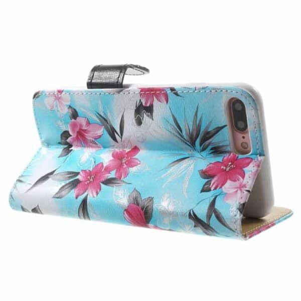 Iphone 7 Plus - Friske Blomster Pung Pu Læder Stand Etui - Blå
