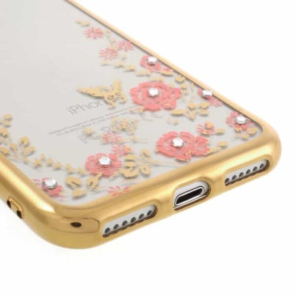 iphone 7 – krystal blomster mønster galvaniseret tpu cover – guldfarve