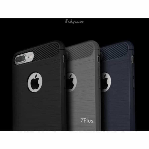 Iphone 7 - Ipaky Børstet Tpu Stødsikkert Cover Med Carbon Fiber - Mørkeblå