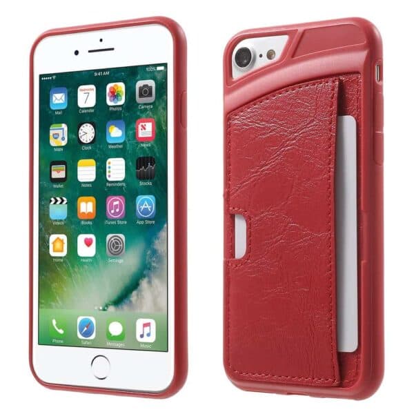 Iphone 8 - Blødt Gummi Cover Med Overtrukket Kunstlæder Og Kreditkort Holder - Rød