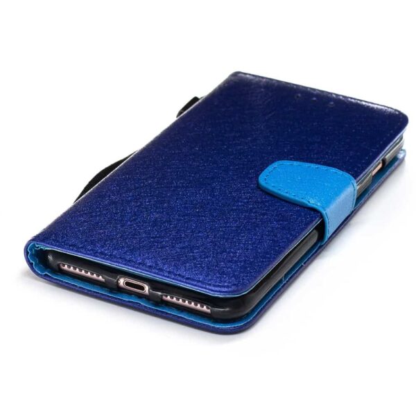 Iphone 8 Plus - Kunstlæder Etui Pung Med To-farvet Silke Textil - Blå