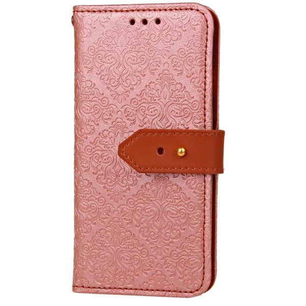 iphone 8 – kunstlæder etui pung med præget damask mønster – rosaguld