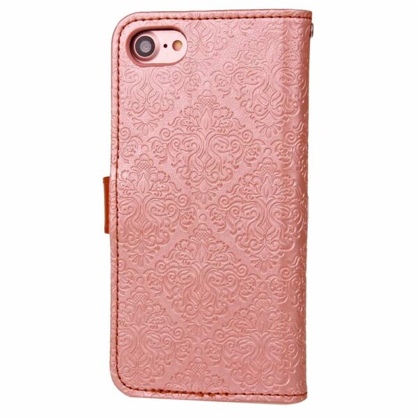 iphone 8 – kunstlæder etui pung med præget damask mønster – rosaguld