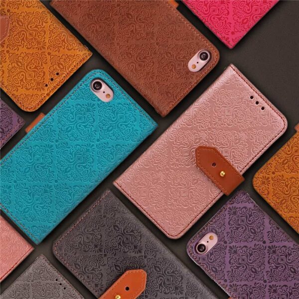 Iphone 8 - Kunstlæder Etui Pung Med Præget Damask Mønster - Kakifarve