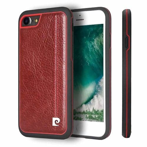 Iphone 7 - Pierre Cardin Hæftet Ægte Læder Overtrukket Tpu Og Pc Hybrid Cover - Rød
