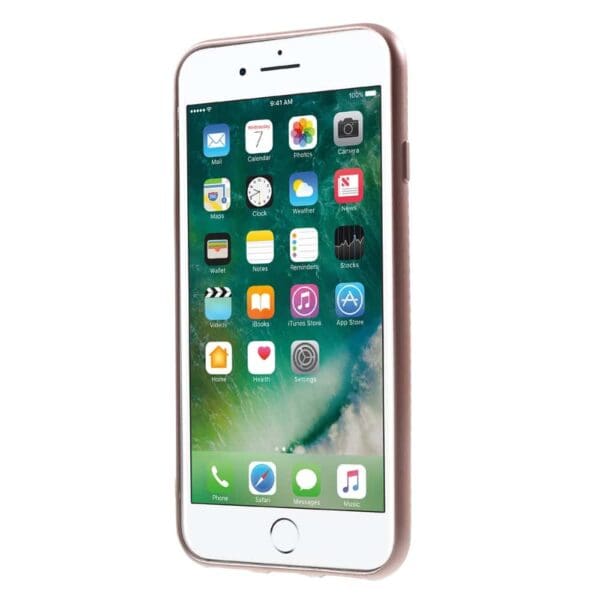 iphone 8 – gummi cover med kulfiber textil og stå-funktion – rosaguld