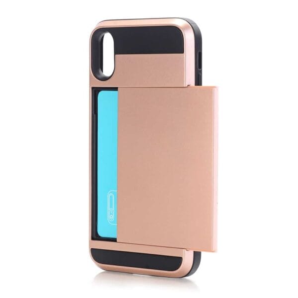 Iphone X - Plastik Og Gummi Hybrid Cover Med Kreditkort Holdere - Rosaguld