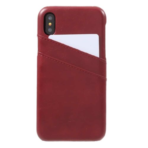 Iphone X - Plastik Hard Cover Med Overtrukket Kunstlæder Med Kreditkort Holdere - Rød