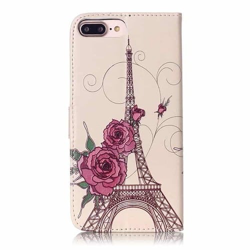 Iphone 7 Plus - Pu Embossed Læder Pung Med Kortslots - Blomster Og Eiffeltårn