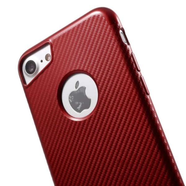 Iphone 8 - Gummi Cover Med Kulfiber Textil Og Stå-funktion - Rød