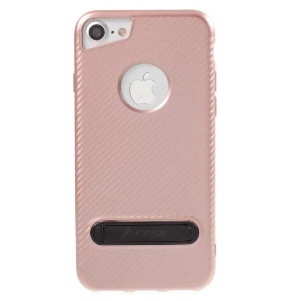 Iphone 8 - Gummi Cover Med Kulfiber Textil Og Stå-funktion - Rosaguld