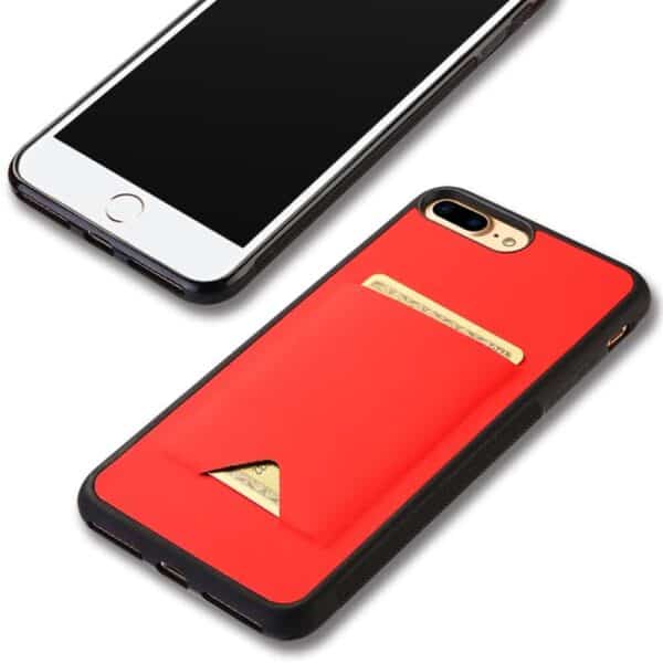 Iphone 8 Plus - Gummi Cover Med Kunstlæder Overflade Og Kreditkort Holder - Rød