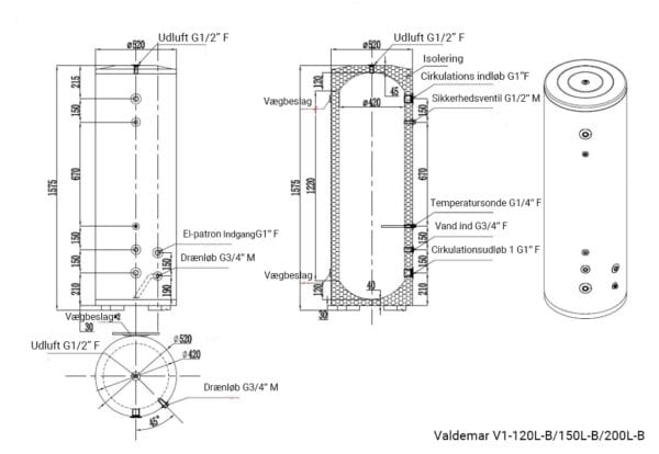 Diagram af Valdemar V1-120L/150L/200L varmtvandsbeholder.